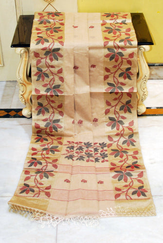 Tussar Silk Hand Woven Lotus Nakshi Border Cotton Dhakai Jamdani Saree in Warm Beige, Black, Maroon and Golden Beige