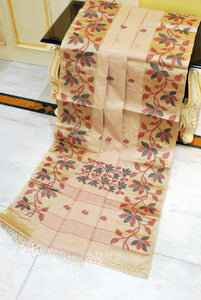 Tussar Silk Hand Woven Lotus Nakshi Border Cotton Dhakai Jamdani Saree in Warm Beige, Black, Maroon and Golden Beige