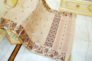 Tussar Silk Hand Woven Lotus Nakshi Border Cotton Dhakai Jamdani Saree in Warm Beige, Black, Maroon and Golden Beige