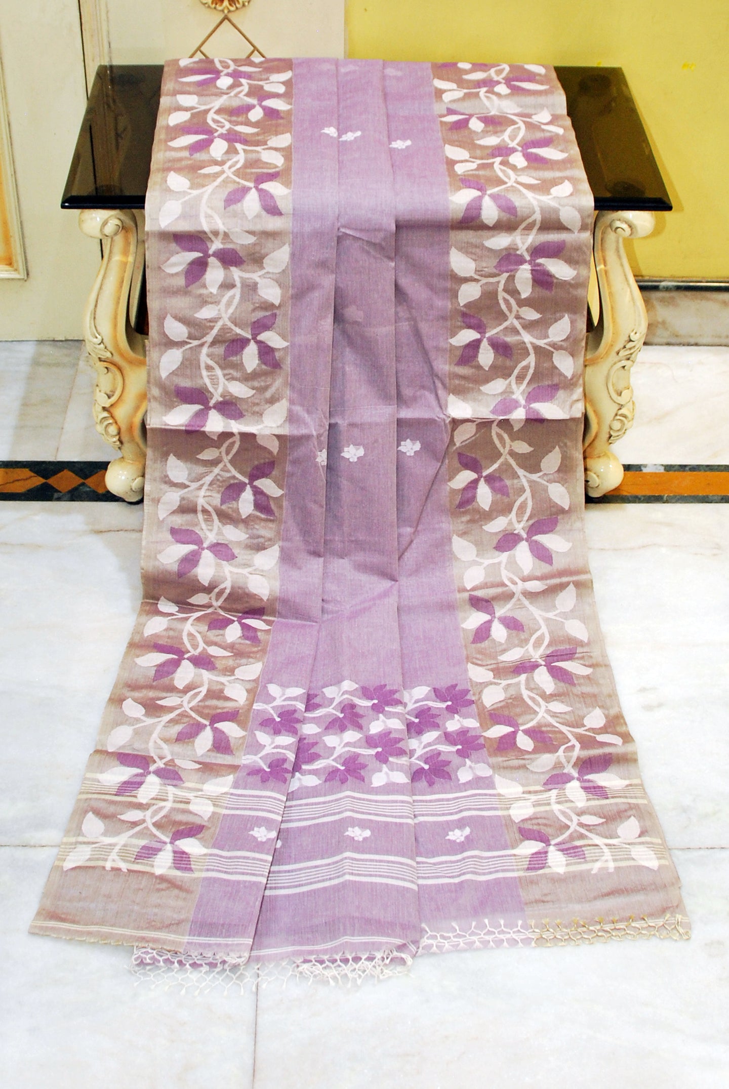 Tussar Silk Hand Woven Lotus Nakshi Border Cotton Dhakai Jamdani Saree in Lilac, Off White and Golden Beige