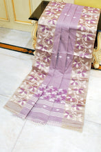 Tussar Silk Hand Woven Lotus Nakshi Border Cotton Dhakai Jamdani Saree in Lilac, Off White and Golden Beige