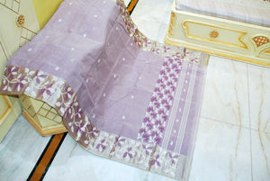 Tussar Silk Hand Woven Lotus Nakshi Border Cotton Dhakai Jamdani Saree in Lilac, Off White and Golden Beige