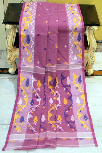 Hand Karat Needle Woven Work Pure Cotton Bengal Jamdani Saree Pearly Purple and Multicolored