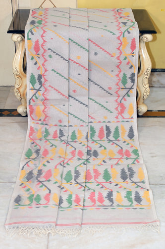 Traditional Handwoven Allover Needle Karat Work Cotton Dhakai Jamdani Saree in Cloud Gray and Multicolored