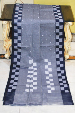 Handwoven Pure Cotton Bengal Jamdani Saree in Steel Gray, Midnight Blue and Off White Thread Work