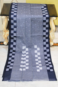 Handwoven Pure Cotton Bengal Jamdani Saree in Steel Gray, Midnight Blue and Off White Thread Work