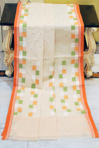 Handwoven Pure Cotton Bengal Jamdani Saree in Parmesan, Orange, Green and Off White Thread Work