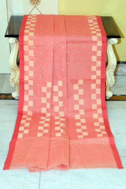 Handwoven Pure Cotton Bengal Jamdani Saree in Pastel Red and Beige Thread Work