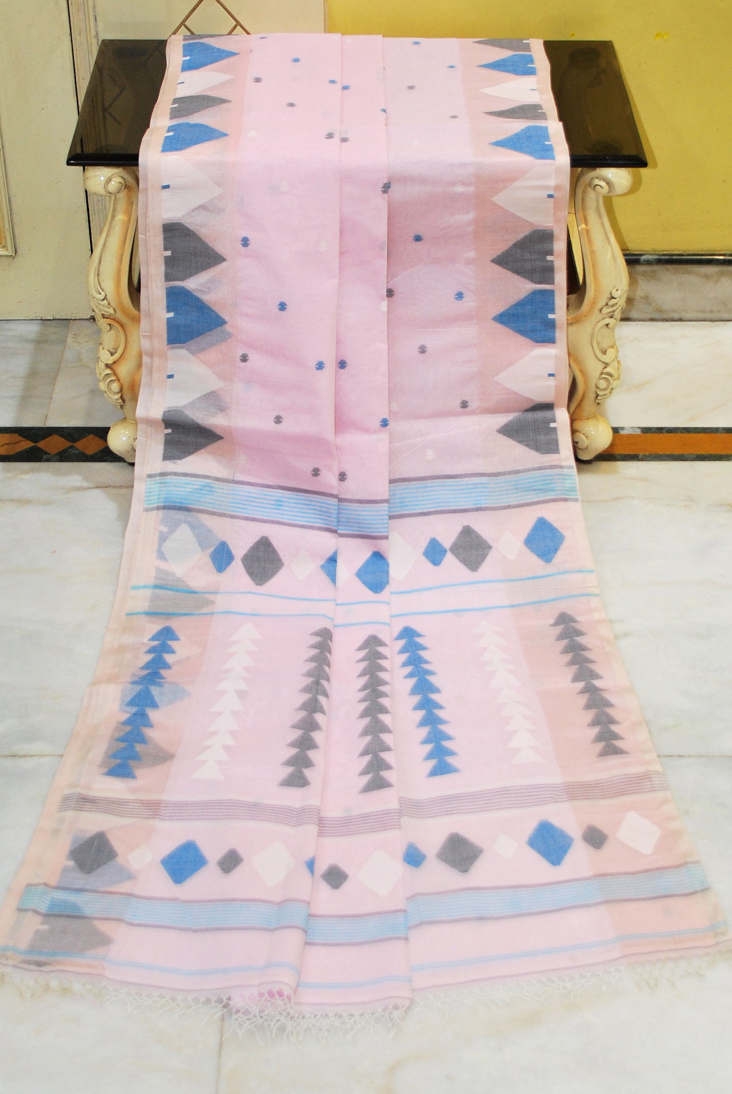 Crowned Temple Border Handwoven Cotton Jamdani Saree in Frosted Pink and Multicolored with Tussar Silk Border