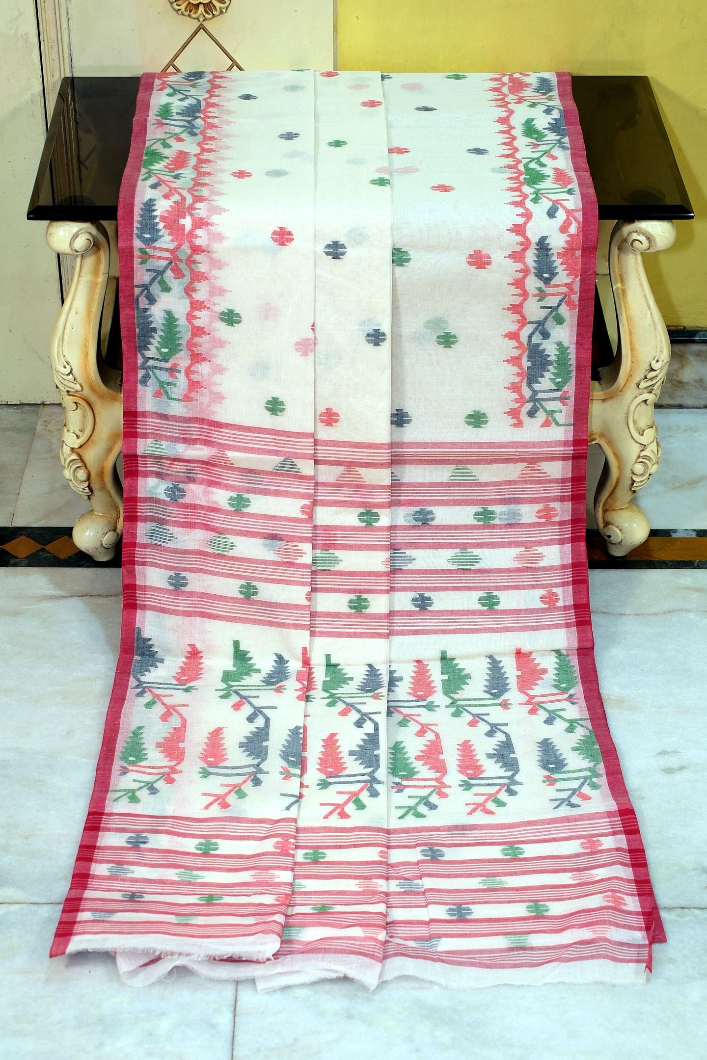 Hand Karat Needle Woven Work Pure Cotton Bengal Jamdani Saree in Off White and Multicolored