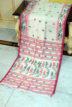 Hand Karat Needle Woven Work Pure Cotton Bengal Jamdani Saree in Off White and Multicolored