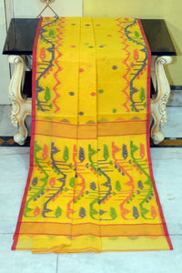 Hand Karat Needle Woven Work Pure Cotton Bengal Jamdani Saree Yellow, Red and Multicolored