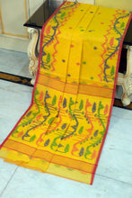 Hand Karat Needle Woven Work Pure Cotton Bengal Jamdani Saree Yellow, Red and Multicolored