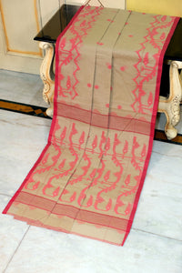 Hand Karat Needle Woven Work Pure Cotton Bengal Jamdani Saree Ecru and Red