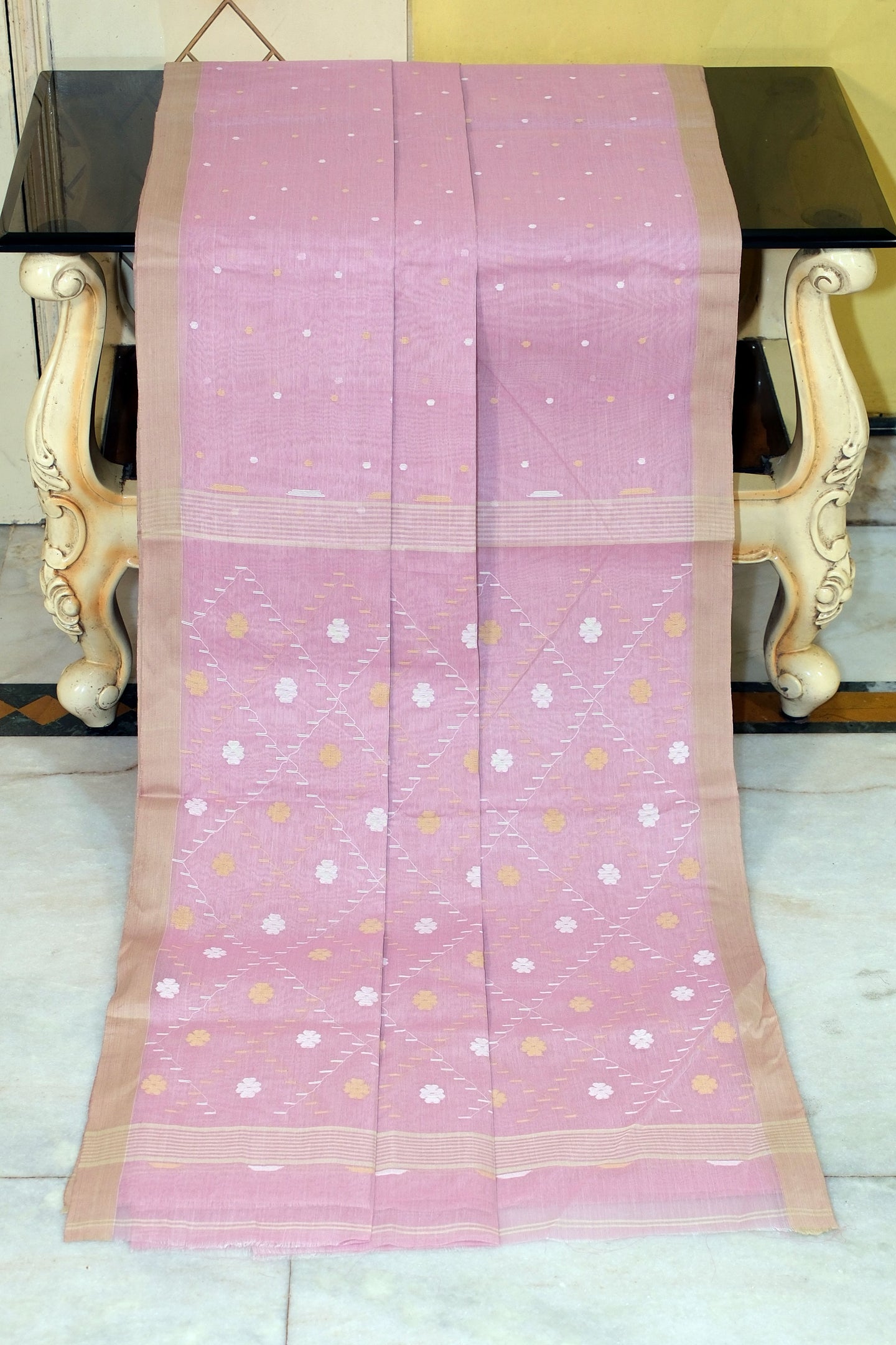 Hand Work Cotton Dhakai Jamdani Saree in Pastel Pink, Beige and Off White