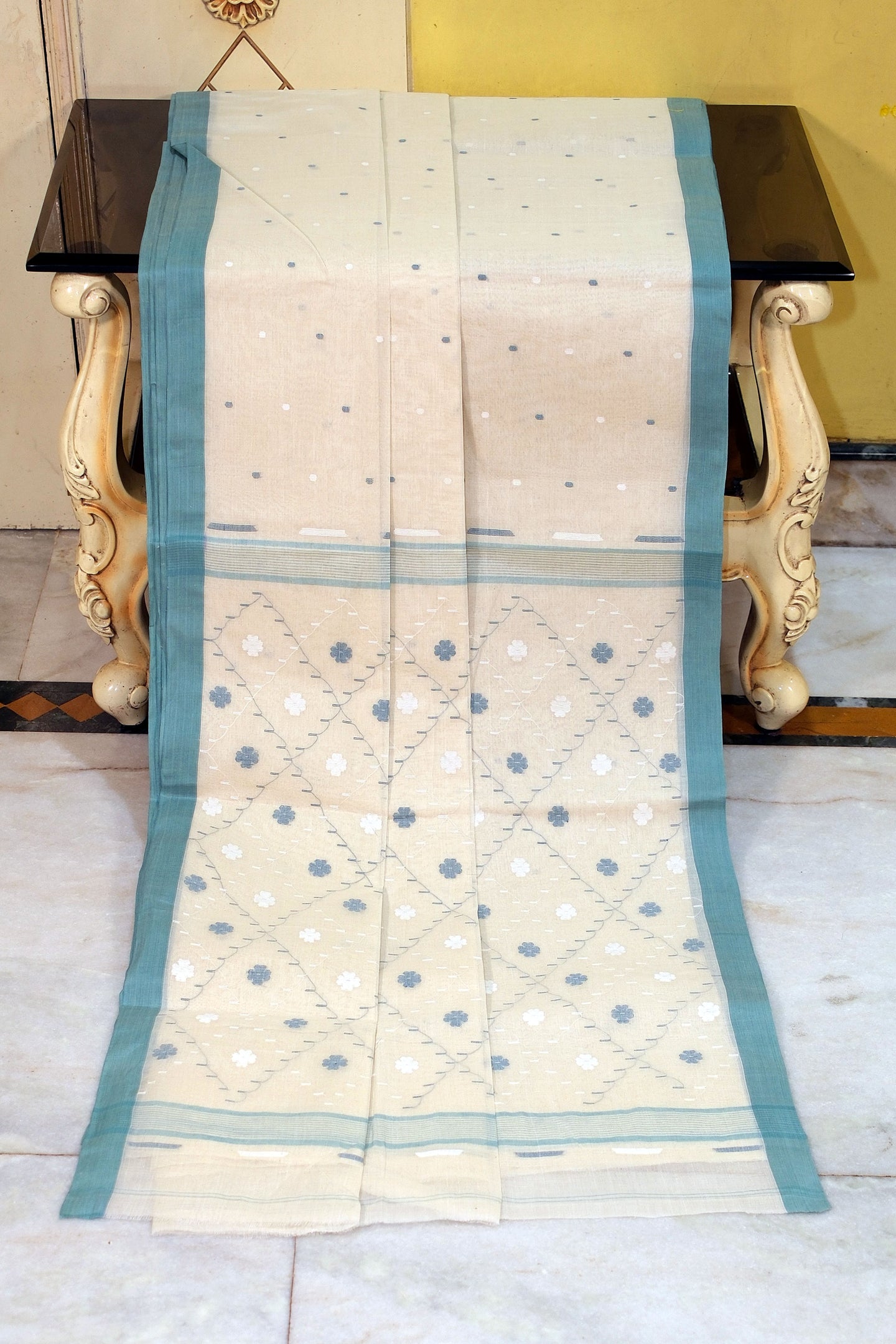 Hand Work Cotton Dhakai Jamdani Saree in Off White and Teal