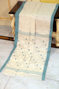 Hand Work Cotton Dhakai Jamdani Saree in Off White and Teal