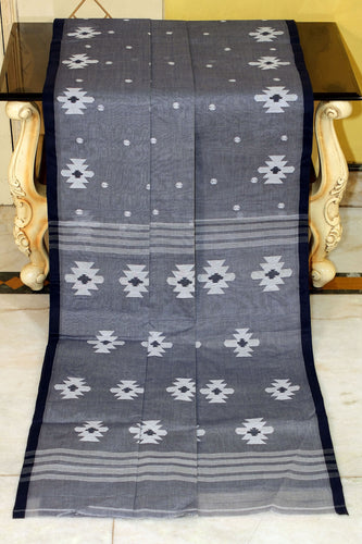 Designer Poth Cotton Jamdani Saree in Steel Grey, Off White and Black