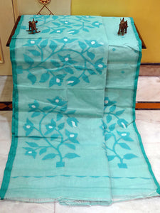 Skirt Nakshi Hand Work Jamdani Saree in Teacup Teal, Turquoise Blue and Off White Thread Work