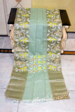 Tussar Silk Hand Woven Lotus Nakshi Border Cotton Dhakai Jamdani Saree in Grey Olive, Off White, June Bud and Golden Beige