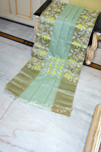 Tussar Silk Hand Woven Lotus Nakshi Border Cotton Dhakai Jamdani Saree in Grey Olive, Off White, June Bud and Golden Beige