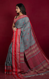 Nakshi Skirt Border Work Soft Cotton Bomkai Saree in Gray, Red and Beige