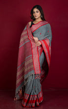 Nakshi Skirt Border Work Soft Cotton Bomkai Saree in Gray, Red and Beige