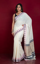 Crowned Temple Border Soft Cotton Jamdani Saree with Tussar Gicha Work Pallu in Off White, Oil Black and Frosted Pink