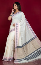 Crowned Temple Border Soft Cotton Jamdani Saree with Tussar Gicha Work Pallu in Off White, Oil Black and Frosted Pink