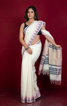 Crowned Temple Border Soft Cotton Jamdani Saree with Tussar Gicha Work Pallu in Off White, Oil Black and Frosted Pink