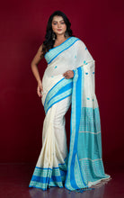 Nakshi Skirt Border Work Soft Cotton Bomkai Saree in Off White, Blue and Sea Green