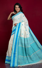 Nakshi Skirt Border Work Soft Cotton Bomkai Saree in Off White, Blue and Sea Green