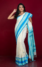 Nakshi Skirt Border Work Soft Cotton Bomkai Saree in Off White, Blue and Sea Green