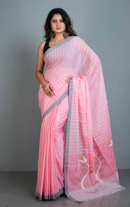 Woven Khes Work Authentic Khaddar Cotton Jamdani Saree in Lemonade Pink, Off White, Grey and Green