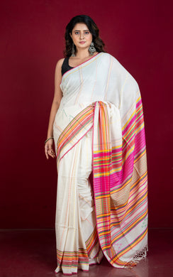 Designer Assam Khaddar Soft Cotton Bomkai Saree in Off White and Multicolored