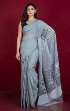 Woven Khes Work Authentic Khaddar Cotton Jamdani Saree in Grey, Off White, Beige and Blue