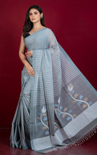 Woven Khes Work Authentic Khaddar Cotton Jamdani Saree in Grey, Off White, Beige and Blue