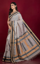 Crowned Temple Border Work Soft Cotton Bomkai Saree in Pastel Brown, Black and Peanut Brown