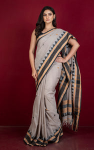 Crowned Temple Border Work Soft Cotton Bomkai Saree in Pastel Brown, Black and Peanut Brown