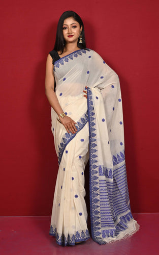 Traditional Nakshi Border Work Soft Cotton Bomkai Saree in Off White, Royal Beige and Deep Blue