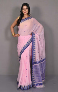 Traditional Nakshi Border Work Soft Cotton Bomkai Saree in Pastel Pink, Royal Beige and Deep Blue