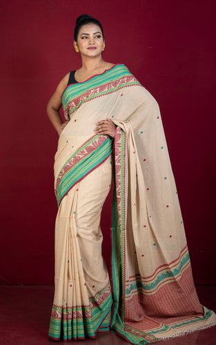 Premium Quality Double Warp Soft Pure Cotton Bomkai Saree in Beige, Maroon, Olive Green and Myrtle Green