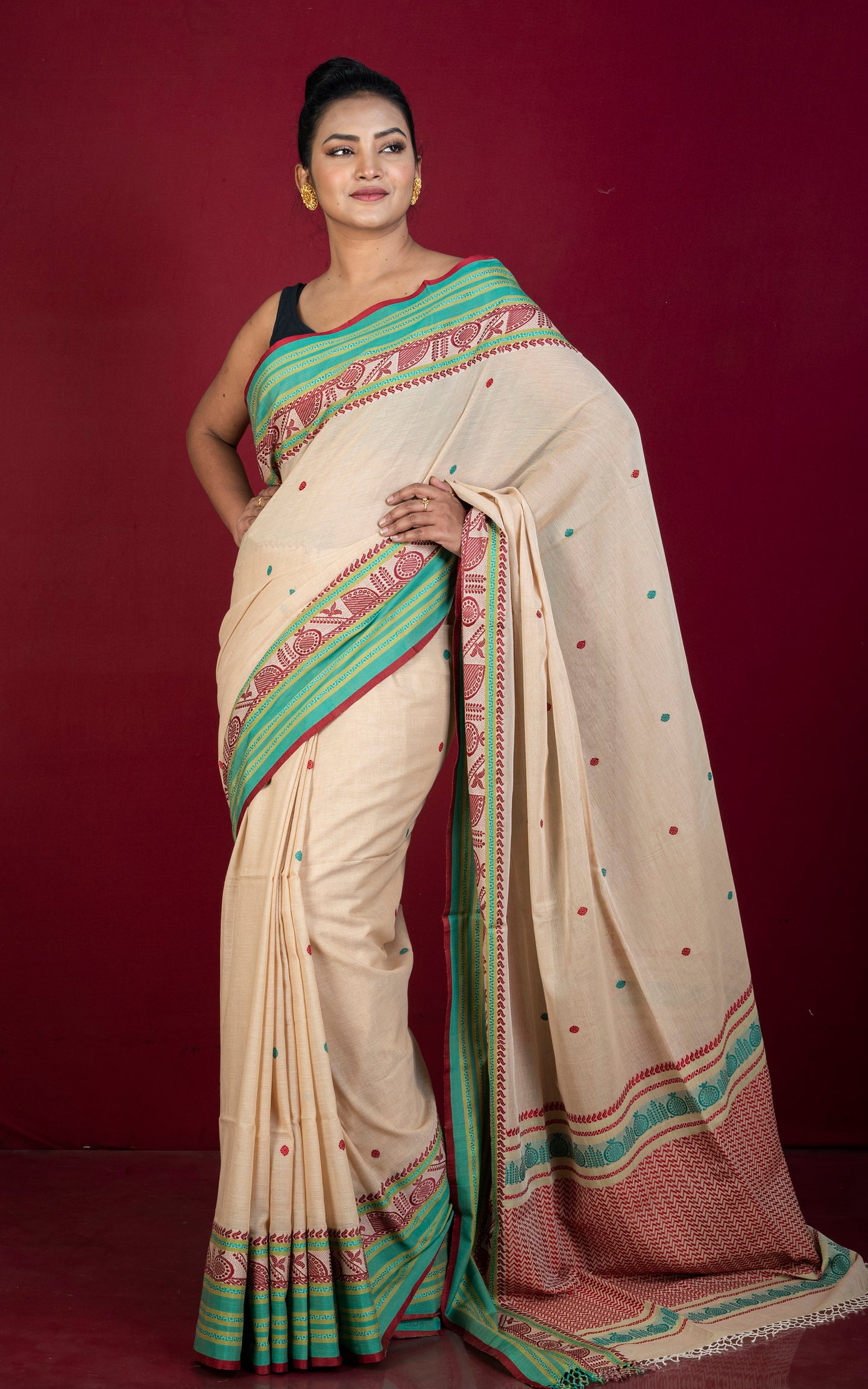 Premium Quality Double Warp Soft Pure Cotton Bomkai Saree in Beige, Maroon, Olive Green and Myrtle Green