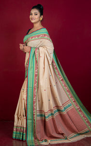 Premium Quality Double Warp Soft Pure Cotton Bomkai Saree in Beige, Maroon, Olive Green and Myrtle Green