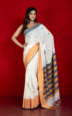 Premium Quality Double Warp Soft Pure Cotton Bomkai Saree in Off White, Amber Yellow and Midnight Blue