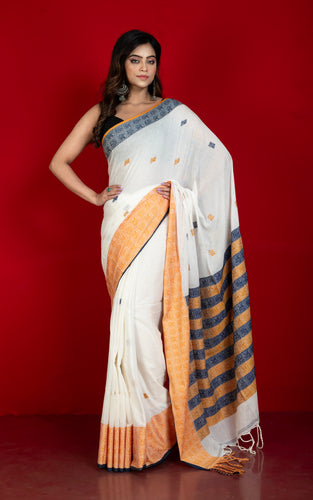 Premium Quality Double Warp Soft Pure Cotton Bomkai Saree in Off White, Amber Yellow and Midnight Blue