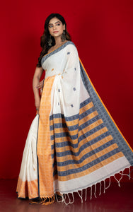 Premium Quality Double Warp Soft Pure Cotton Bomkai Saree in Off White, Amber Yellow and Midnight Blue