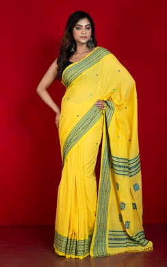 Premium Quality Double Warp Soft Pure Cotton Bomkai Saree in Yellow, Royal Blue and Green