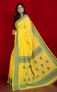 Premium Quality Double Warp Soft Pure Cotton Bomkai Saree in Yellow, Royal Blue and Green