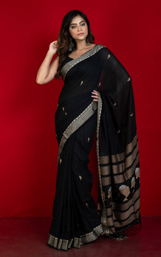 Premium Quality Double Warp Soft Pure Cotton Bomkai Saree in Black, Dutch White and Off White